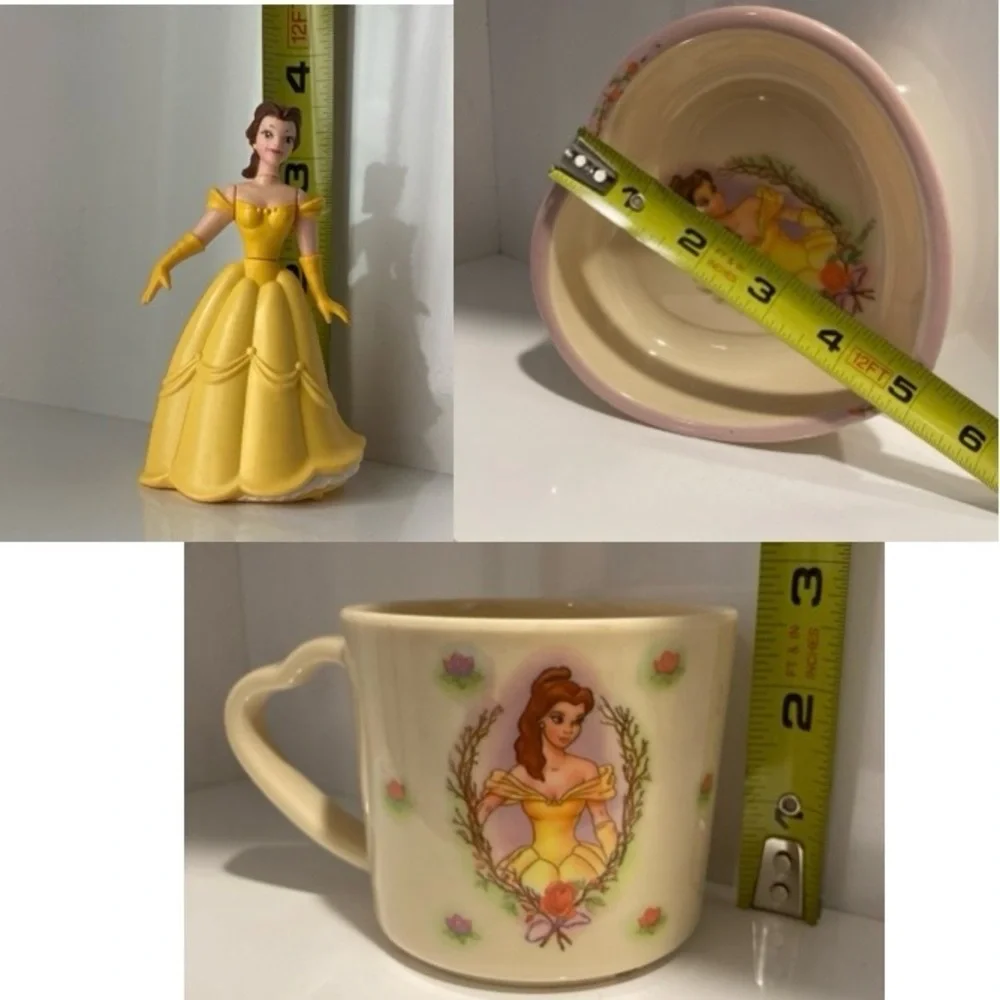EUC Vintage Beauty & The Beast 3 pc set: bowl, cup, Belle figure, 1990's
